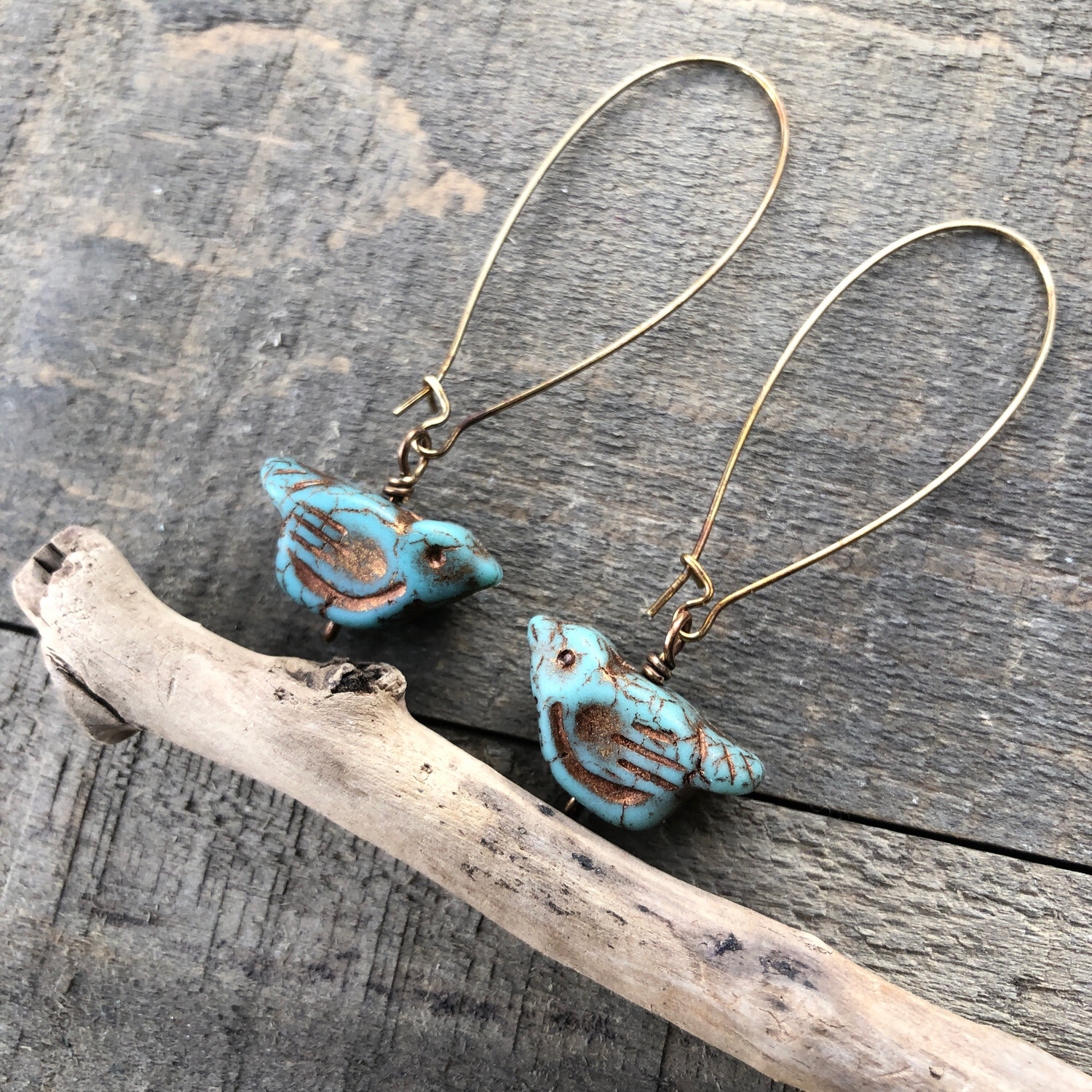 Birds Earrings, Turquoise Aqua Glass Bead Dangle Earrings