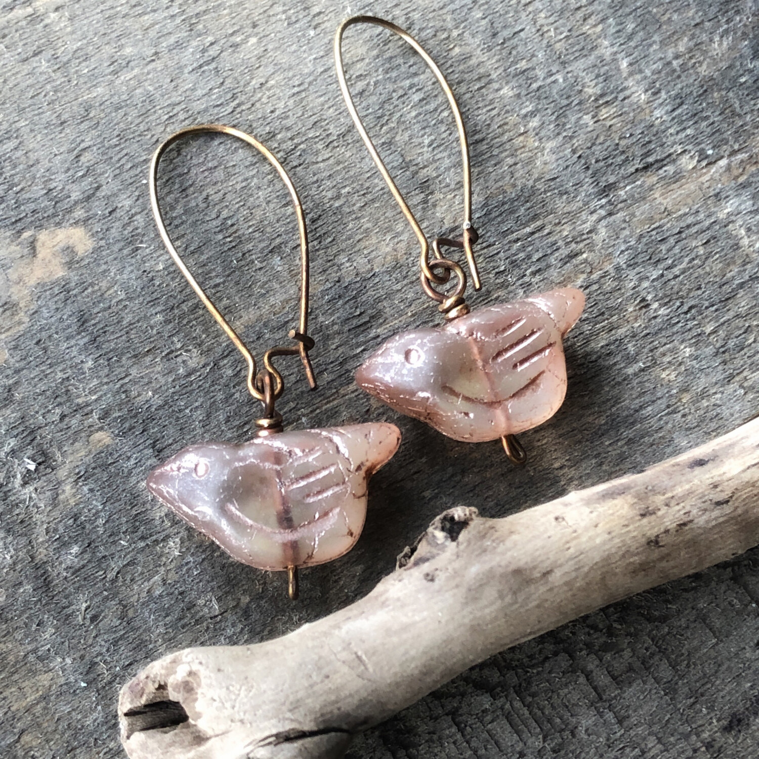 Birds Earrings, Pale Blush Pink Glass Bead Dangle Earrings