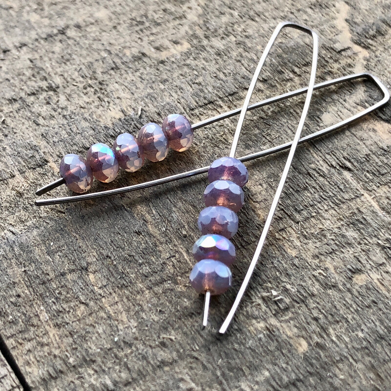 Opal Lilac Mini Glass Gem Threader Earrings, Rectangle Modern Ear Wires, Purple