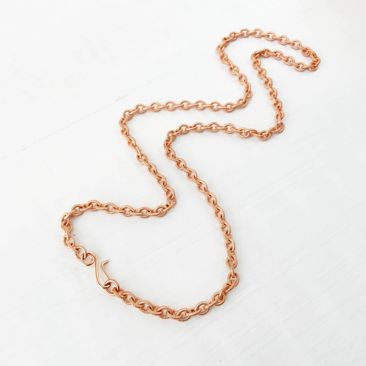 Pure Copper Textured Necklace Chain, Spiral Pattern Custom Length Chain with Artisan Clasp, Long Genuine Copper Necklace