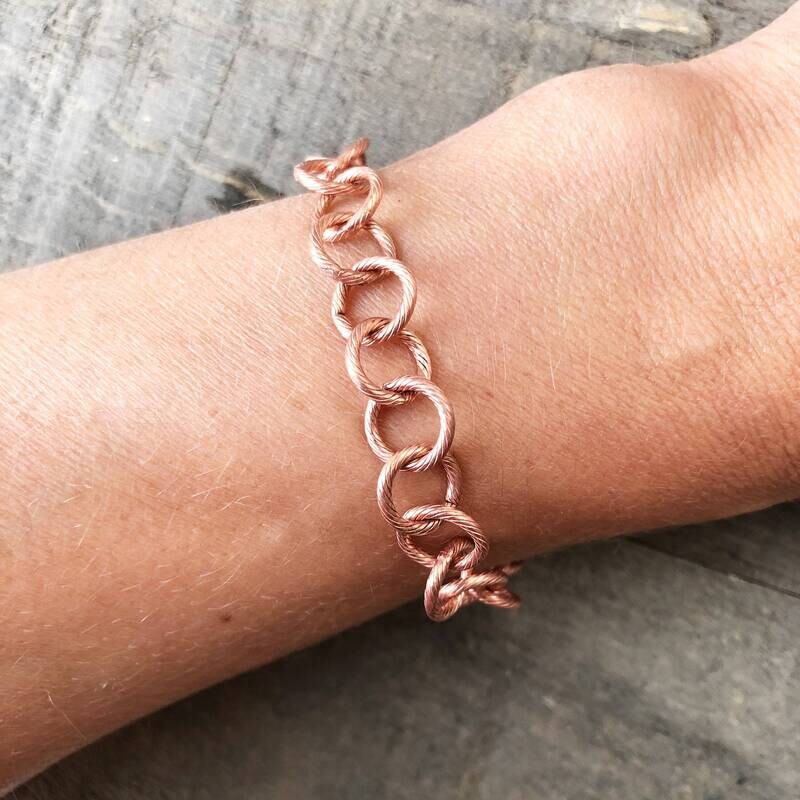 Round Chain Copper Bracelet, Etched Circle Cable Chain, Textured Solid Genuine Copper Adjustable Bracelet, Artisan Pure Copper Anklet