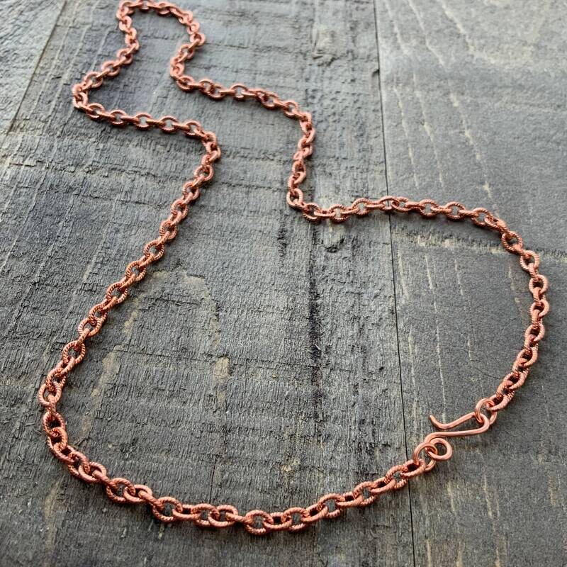 Etched Copper Necklace Chain, Patterned Small Cable Links Custom Length Chain with Handmade Clasp, Textured Genuine Pure Copper Necklace