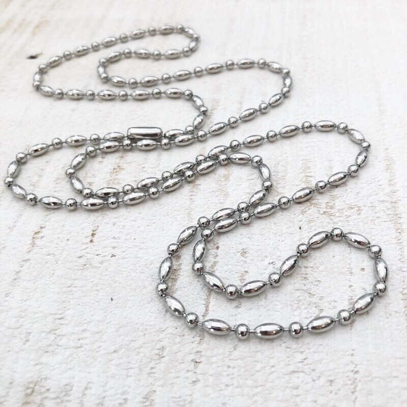 Stainless Steel Ball-bar Chain Necklace 3.2mm, Ball Bar Dog Tag Chain Long Finished Necklace 3mm Silver Alternative, Custom Size