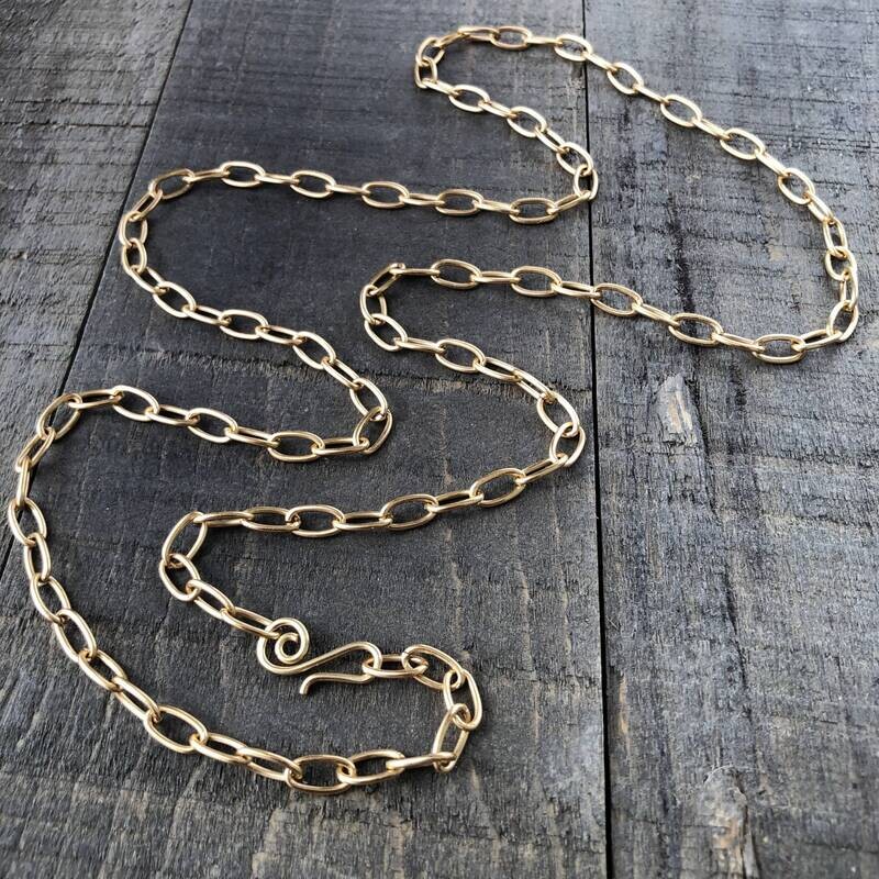 Paperclip Chain Necklace Gold Brass, Elongated Oval Brass Cable Chain with Artisan Clasp, Adjustable, Long or Choker
