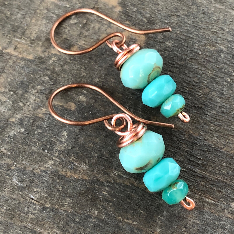 Stacked Turquoise Glass Bead Earrings, Copper