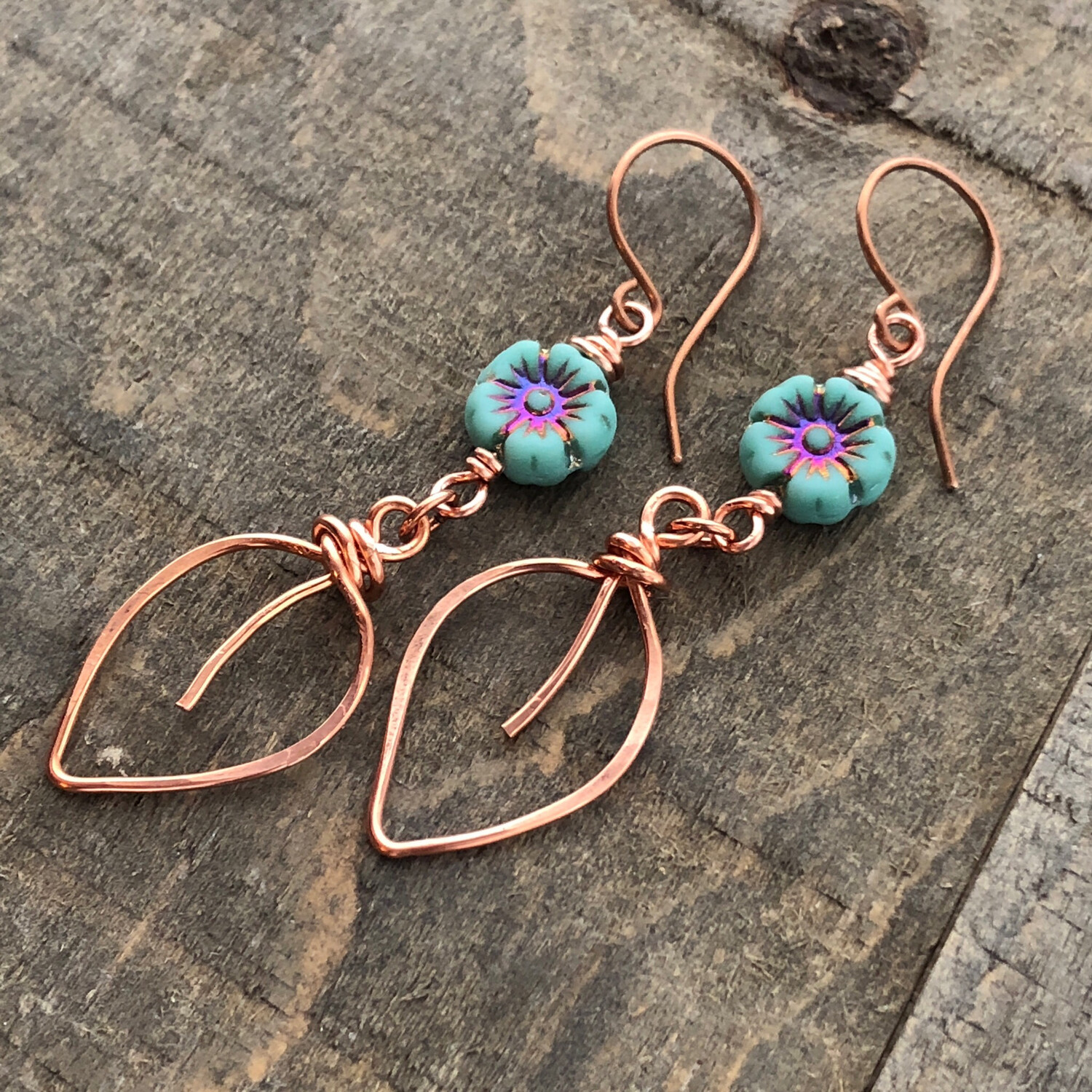 Leaf and Flower Long Dangle Earrings, Copper