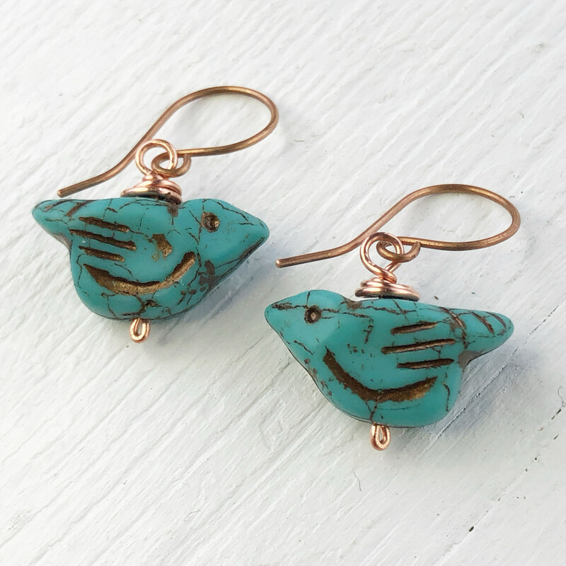 Rustic Turquoise Glass Bird Earrings, Copper Wire Wrapped