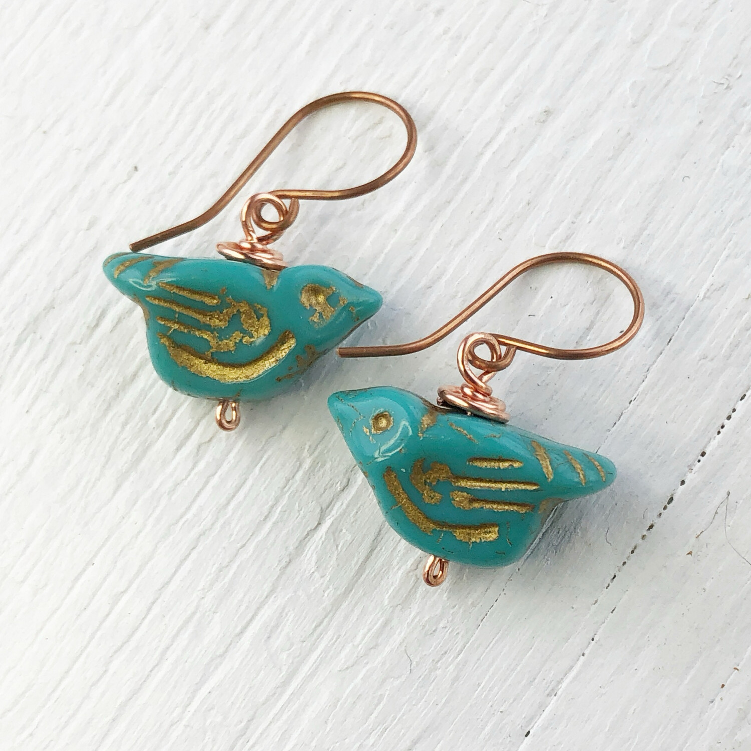Turquoise Glass Bird Earrings, Copper Wire Wrapped