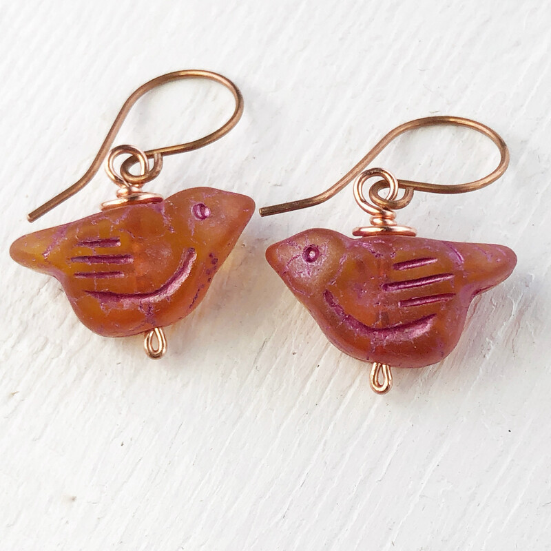 Blood Orange Glass Bird Earrings, Copper Wire Wrapped
