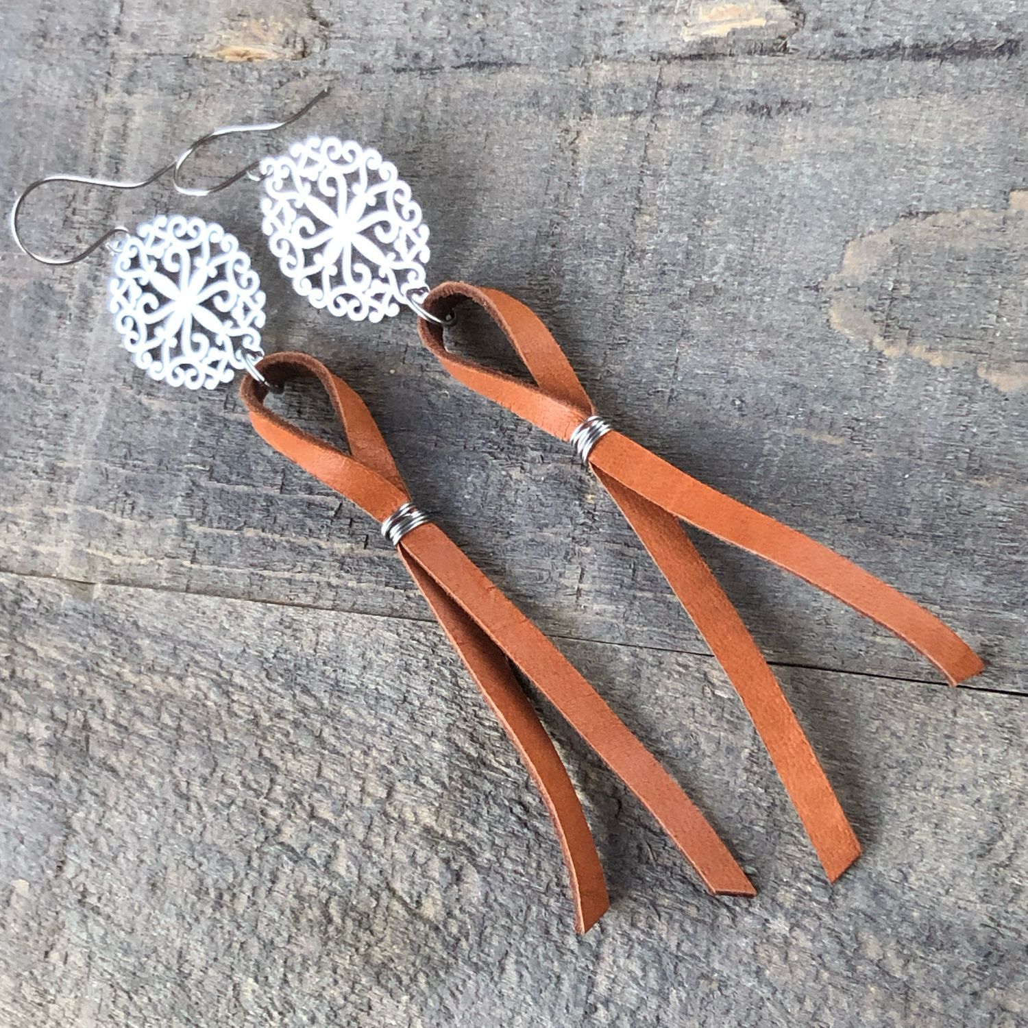 Stampede Earrings, Bolo Inspired Filigree with Leather