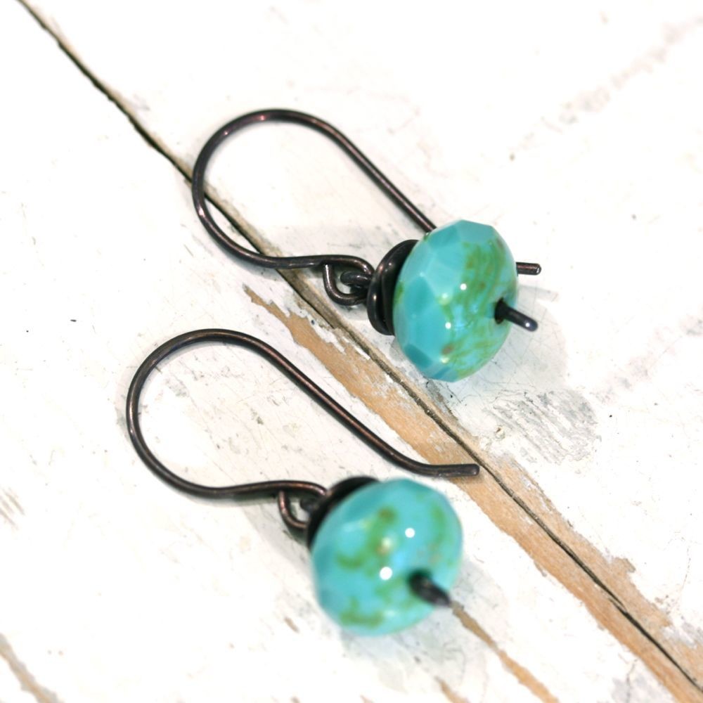 Turquoise Czech Glass Copper Wirework Earrings