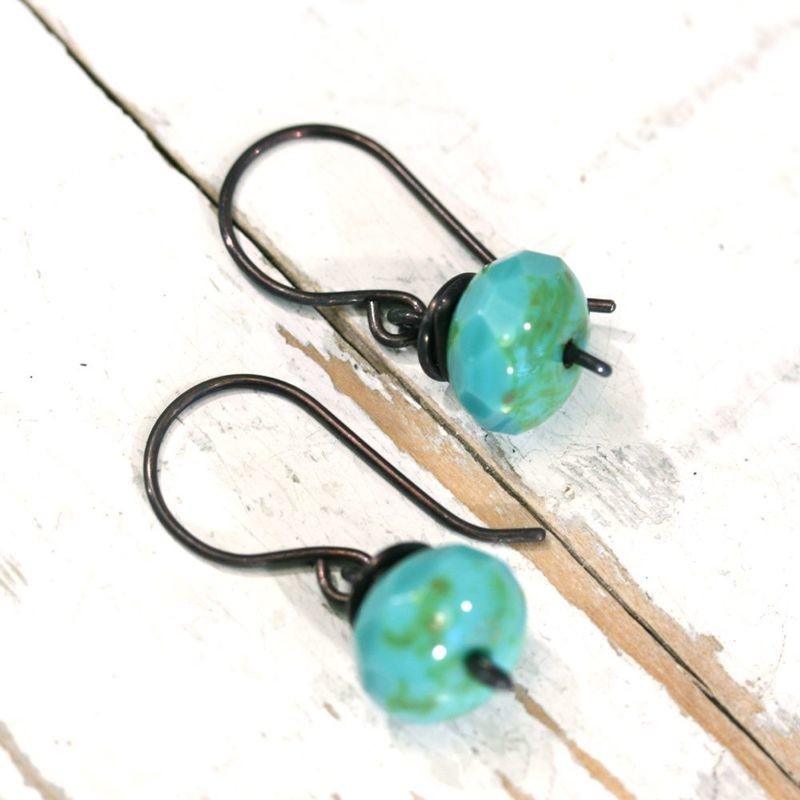 Turquoise Czech Glass Copper Wirework Earrings