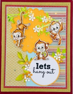 Friendship Card Let's Hang Out Monkeys Tree Flower Marron Orange