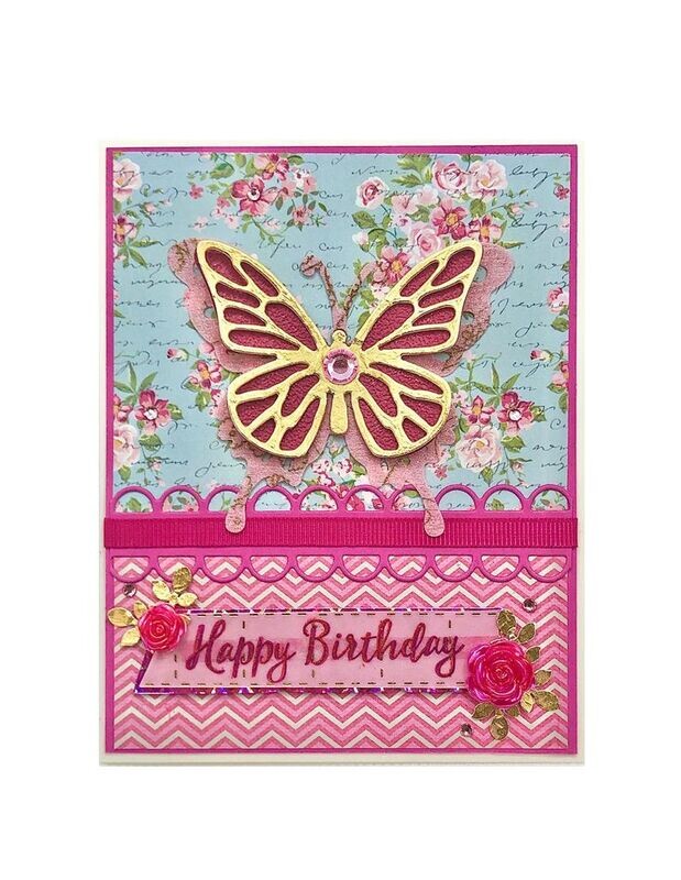 Happy Birthday Butterfly Flower Pink