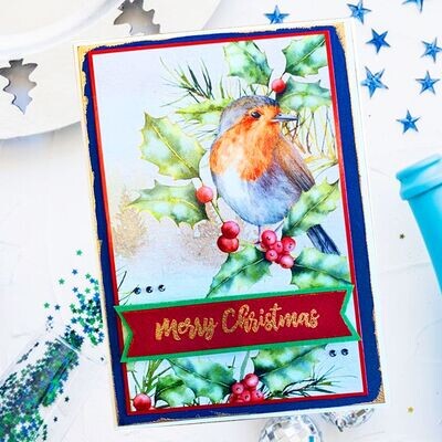 Merry Christmas Card Bird Tree Blue Green