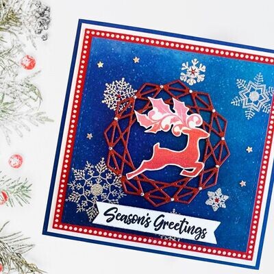 Christmas Card Season's Greeting Deer Blue Red
