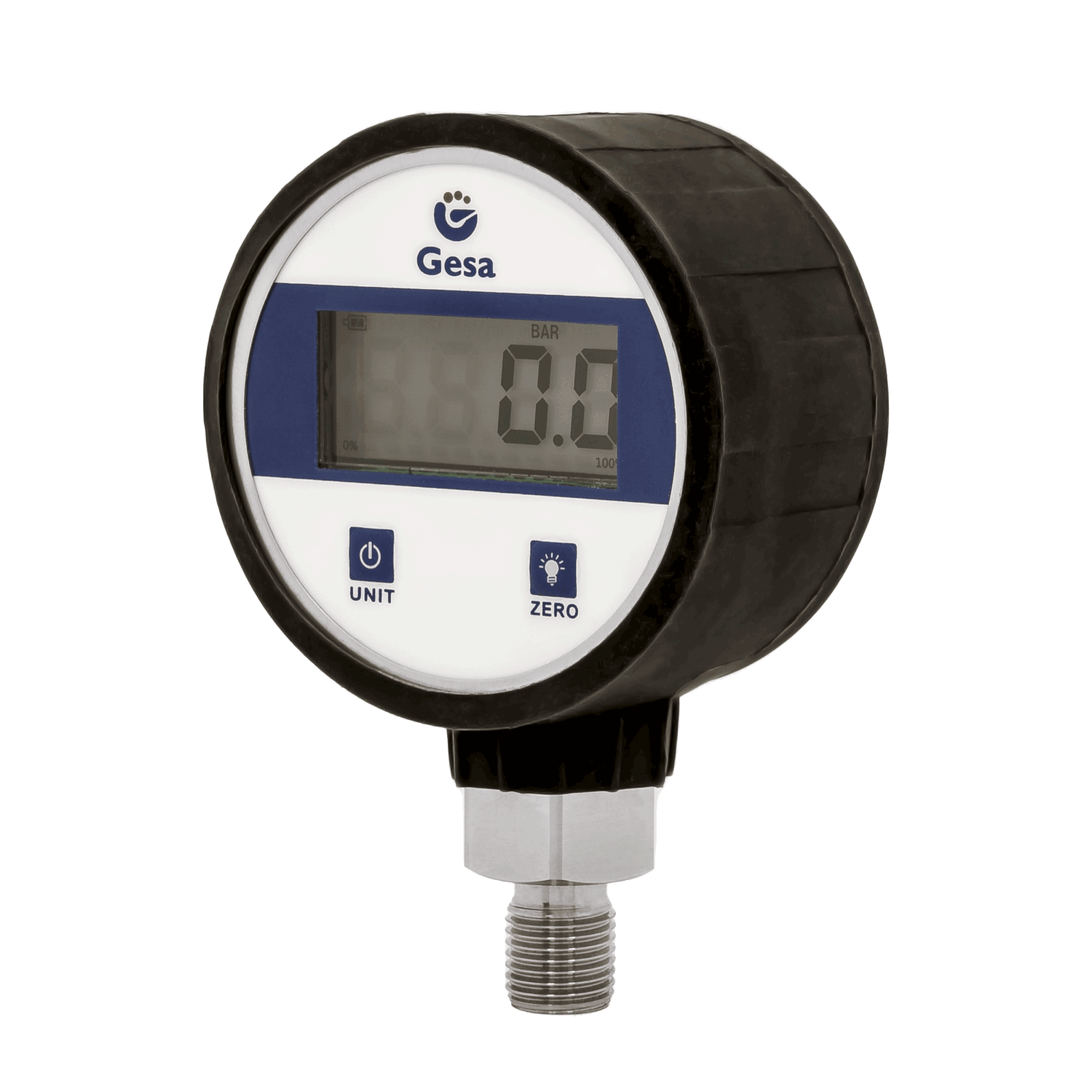 Manómetro digital Gesa precisión 1%  diámetro 60 mm con pantalla retroiluminada y protector de goma