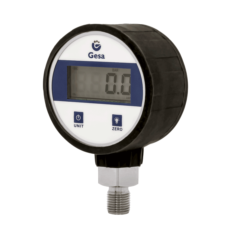 Manómetro digital Gesa precisión 1%  diámetro 60 mm con pantalla retroiluminada y protector de goma