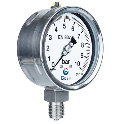 Manómetro de acero inoxidable Ø100mm con vidrio de seguridad y rosca métrica M20x1.5 Gesa M0306