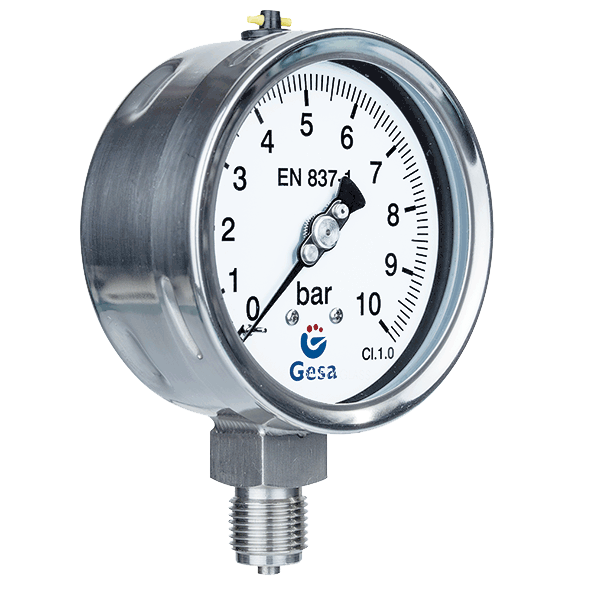 Manómetro de acero inoxidable Ø100mm con vidrio de seguridad y rosca métrica M20x1.5 Gesa M0306