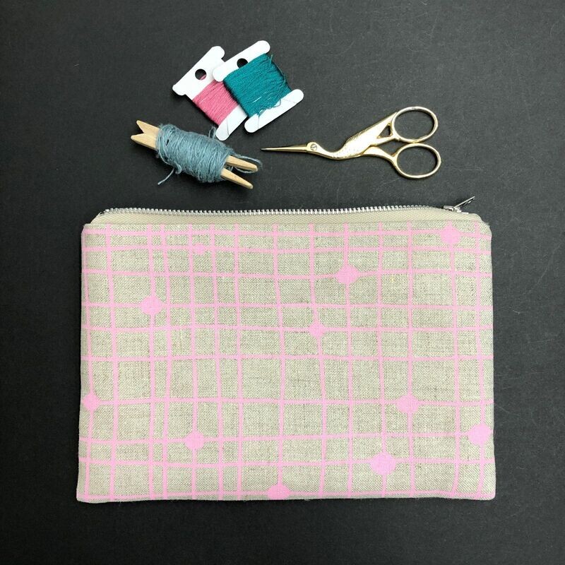 Blossom Grid Linen Purse or Make-up bag