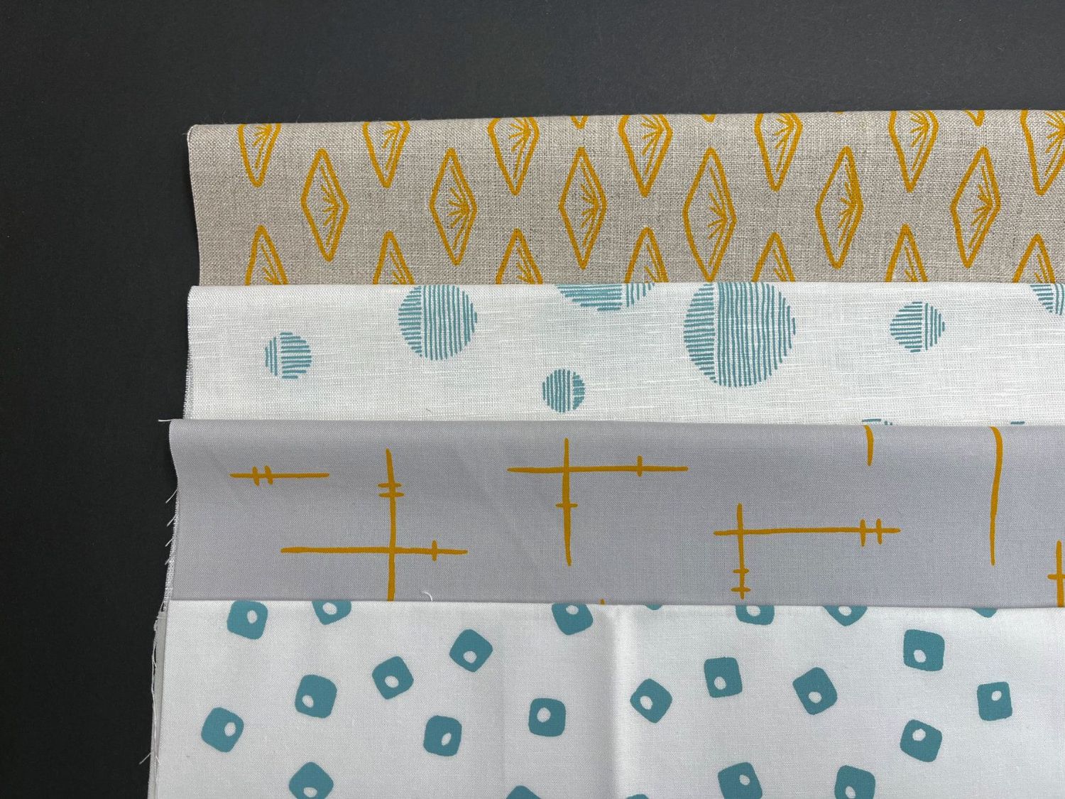 Bundle of 4 fabrics, Yellow, grey and  duck egg blue