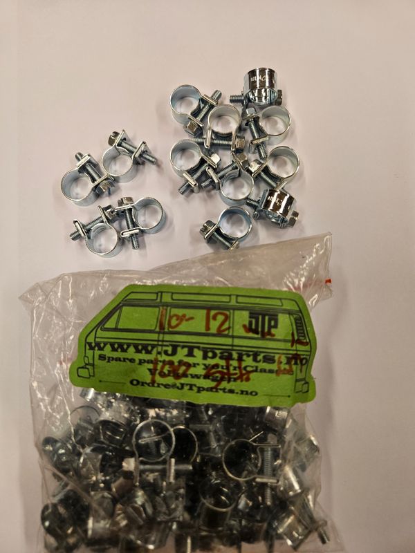 Slangeklemmer med 2 ører og skrue 10-12 mm.