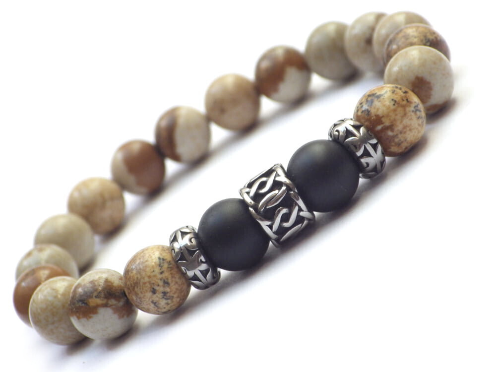 Bracelet marron pour homme en acier inoxydable avec motifs entrelacés et perles en jaspe et agate 