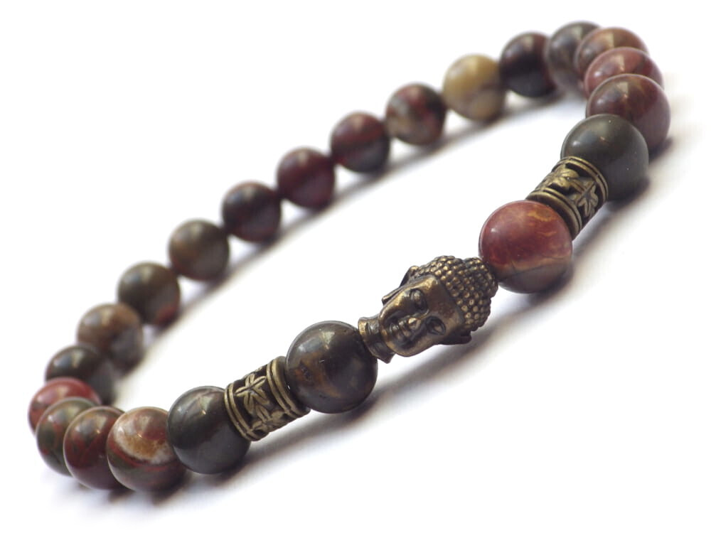 Bracelet pour homme Thurcolas ethnique Zen en perles de jaspe Picasso et  Bouddha en bronze