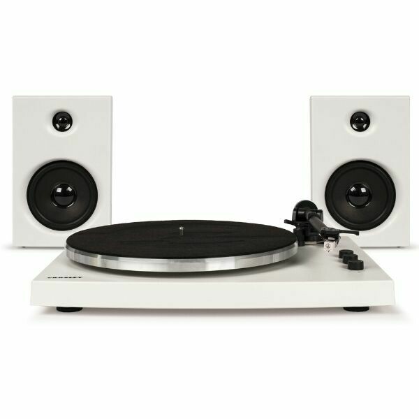 white turntable with speakers