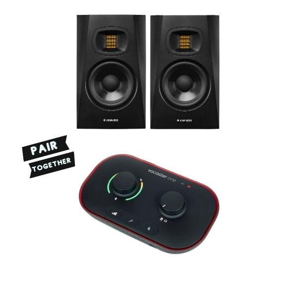 Adam Audio T5V Active 2-Way Nearfield Studio Monitors (Pair)  + Focusrite Vocaster One Podcast USB Audio Interface