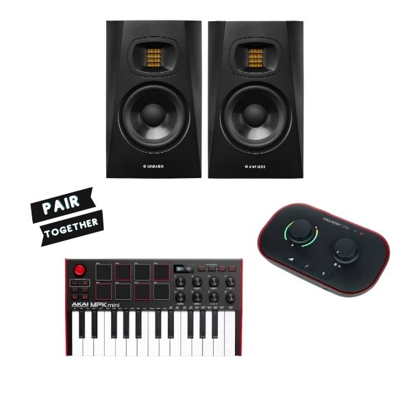 Adam Audio T5V Active 2-Way Nearfield Studio Monitors (Pair)  + Focusrite Vocaster One Podcast USB Audio Interface + AKAI MPK Mini MKIII Midi Keyboard