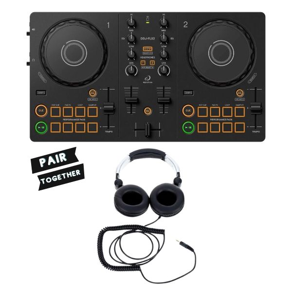 AlphaTheta DDJ-FLX2 Rekordbox & Serato DJ Lite Compact DJ Controller + DJ Headphones Bundle