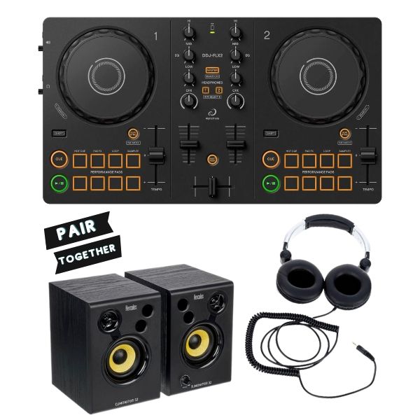AlphaTheta DDJ-FLX2 Rekordbox & Serato DJ Lite Compact DJ Controller + Powered DJ Monitors (Pair) + DJ Headphones Bundle