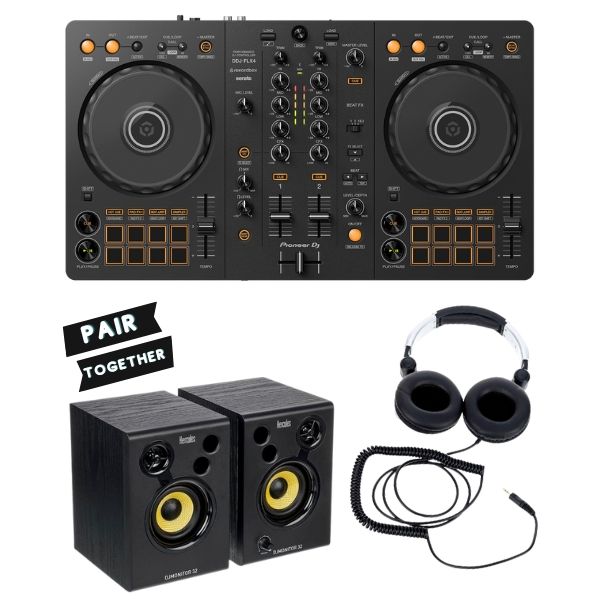 Pioneer DDJ-FLX4 Rekordbox & Serato DJ Lite Controller + Powered DJ Monitors (Pair) + DJ Headphones Bundle