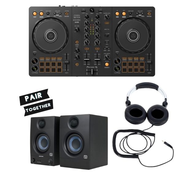 Pioneer DDJ-FLX4 Rekordbox & Serato DJ Lite Controller + Powered DJ Monitors (Pair) + DJ Headphones Bundle