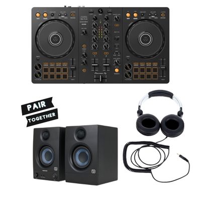 Pioneer DDJ-FLX4 Rekordbox & Serato DJ Lite Controller + Powered DJ Monitors (Pair) + DJ Headphones Bundle