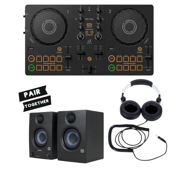 AlphaTheta DDJ-FLX2 Rekordbox & Serato DJ Lite Compact DJ Controller + Powered DJ Monitors (Pair) + DJ Headphones Bundle