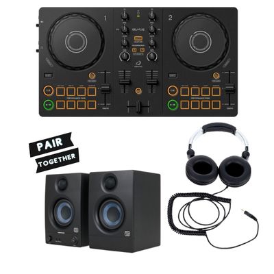 AlphaTheta DDJ-FLX2 Rekordbox & Serato DJ Lite Compact DJ Controller + Powered DJ Monitors (Pair) + DJ Headphones Bundle
