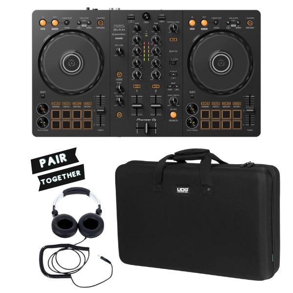 Pioneer DDJ-FLX4 Rekordbox & Serato DJ Lite Controller + UDG Creator Hardcase + DJ Headphones Bundle