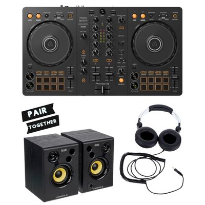 Pioneer DDJ-FLX4 Rekordbox & Serato DJ Lite Controller + Powered DJ Monitors (Pair) + DJ Headphones Bundle