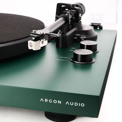 Close up of the Pre-installed Audio-Technica AT3600L moving magnet cartridge on the Argon Audio TT MK2 tonearm