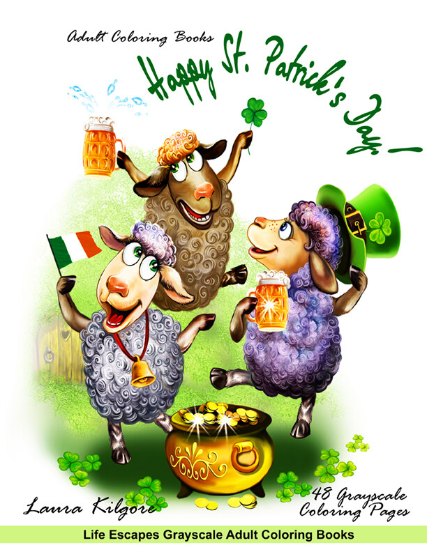 Happy St. Patrick's Day Adult Greyscale Coloring Book PDF Digital Download