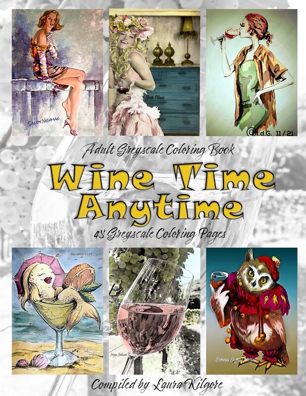 Wine Time Anytime Adult Greyscale Coloring Book PDF Digital Download