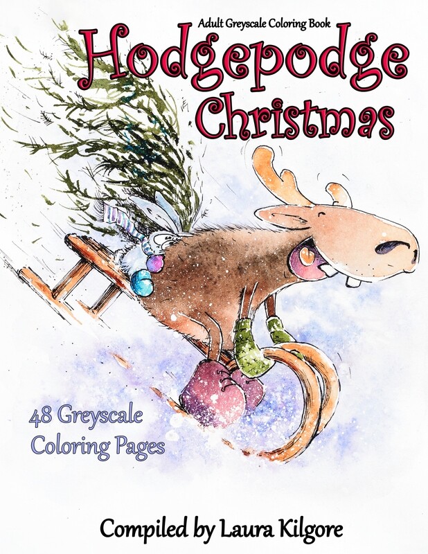 Hodgepodge Christmas Adult Greyscale Coloring Book in PDF Digital Download