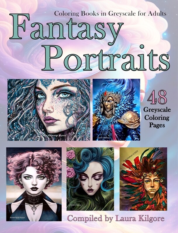Fantasy Portraits Coloring Book in Greyscale for Adults PDF Digital Download