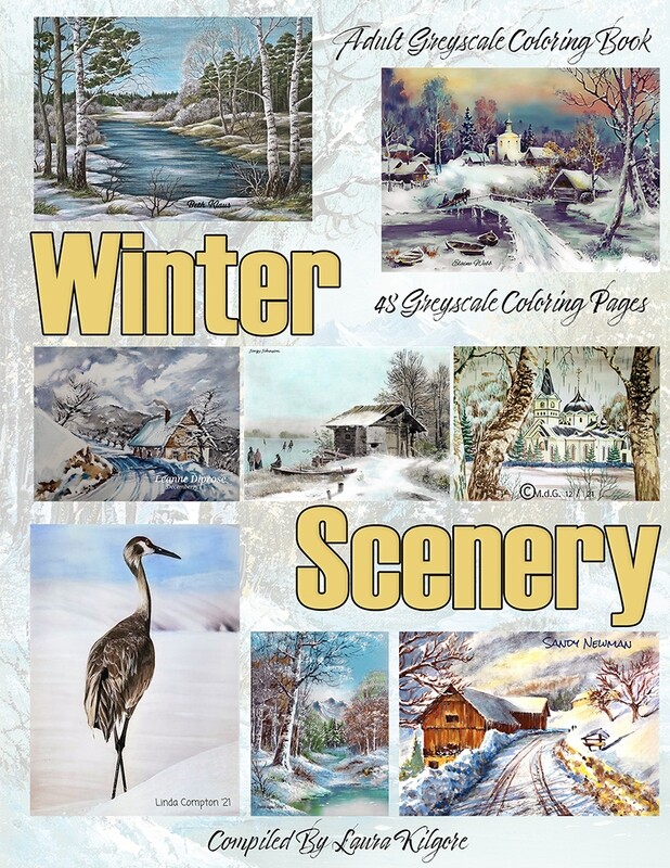Winter Scenery Adult Greyscale Coloring Book PDF Digital Download