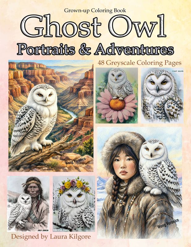 Ghost Owl Portraits &amp; Adventures Greyscale Coloring Book for Grown-ups
