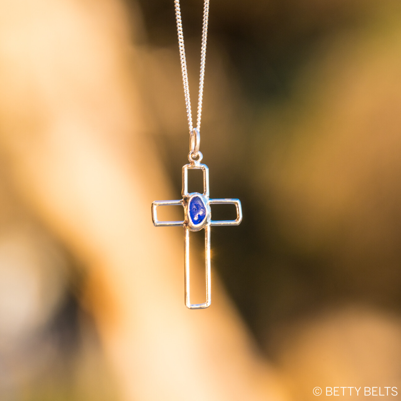 Sea Glass + Silver Cross Necklace
