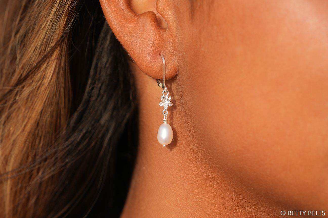 Kendall Plumeria Pearl Leverback Earrings (Silver &amp; 24K Gold Vermeil)